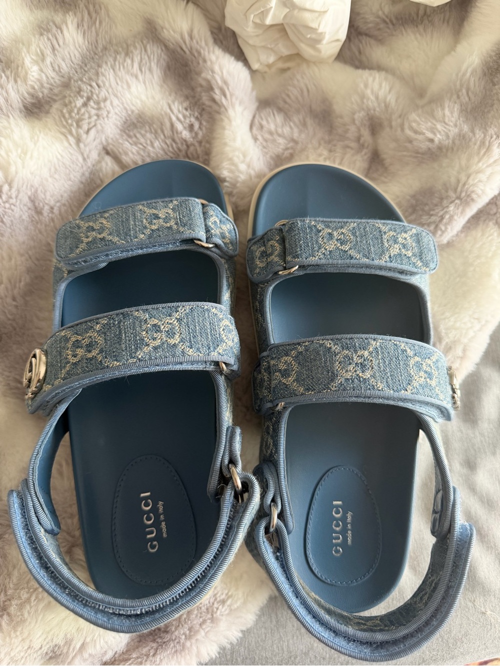 Gucci Light Blue Denim Logo Double-Strap Sandals